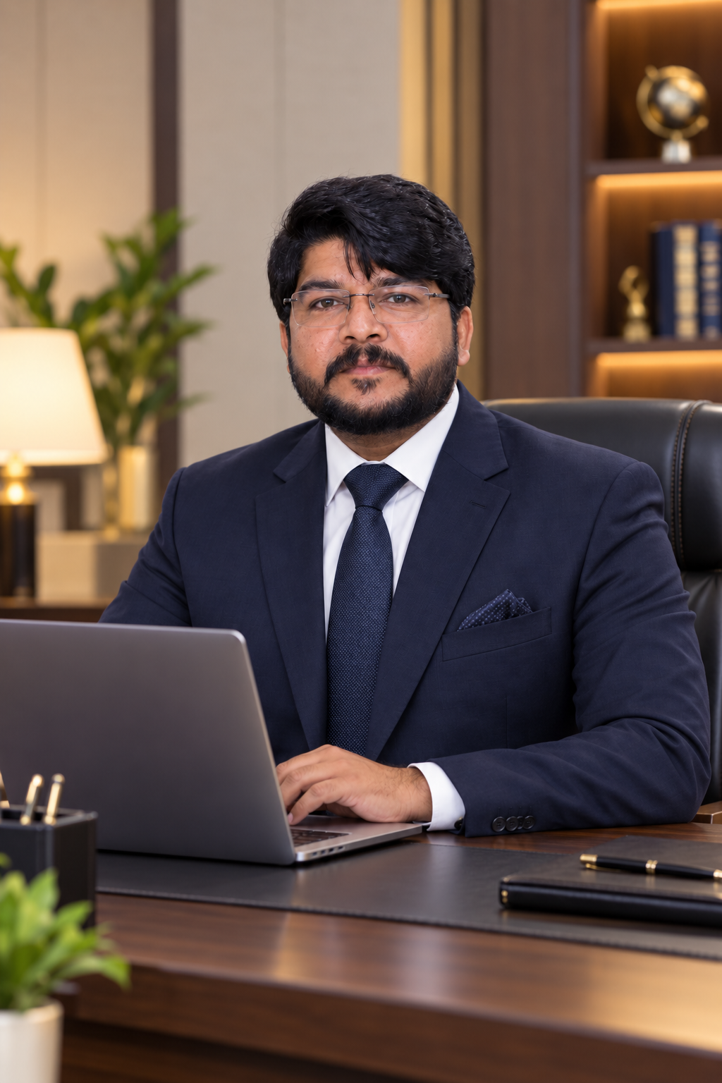 Muazzam Ali Janjua seated at a desk with an open laptop